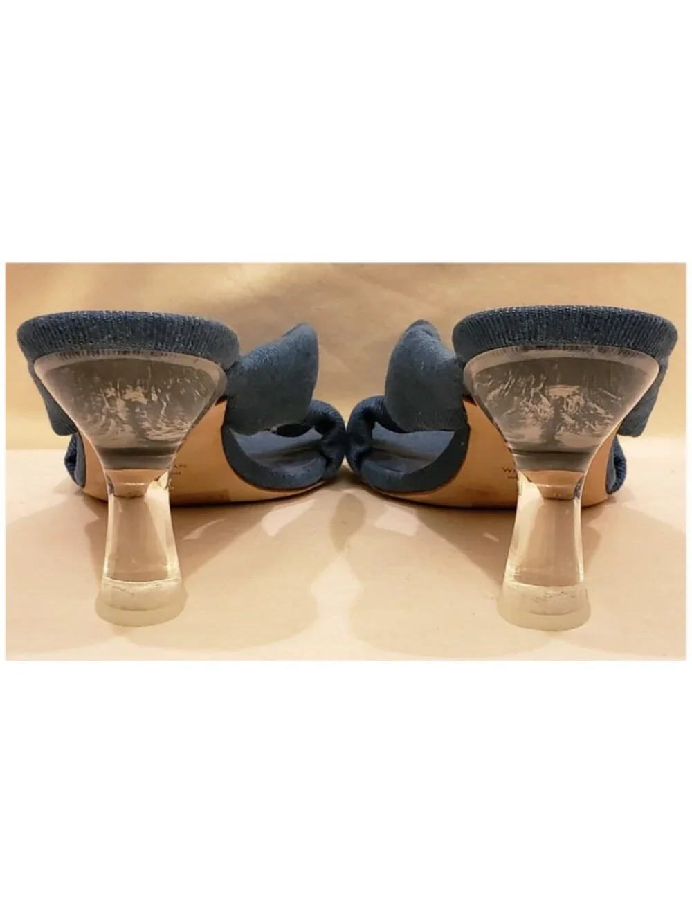 Stuart Weitzman Blue Denim Knot Mule Sandals Lucite Clear Heel Size 8.5 B